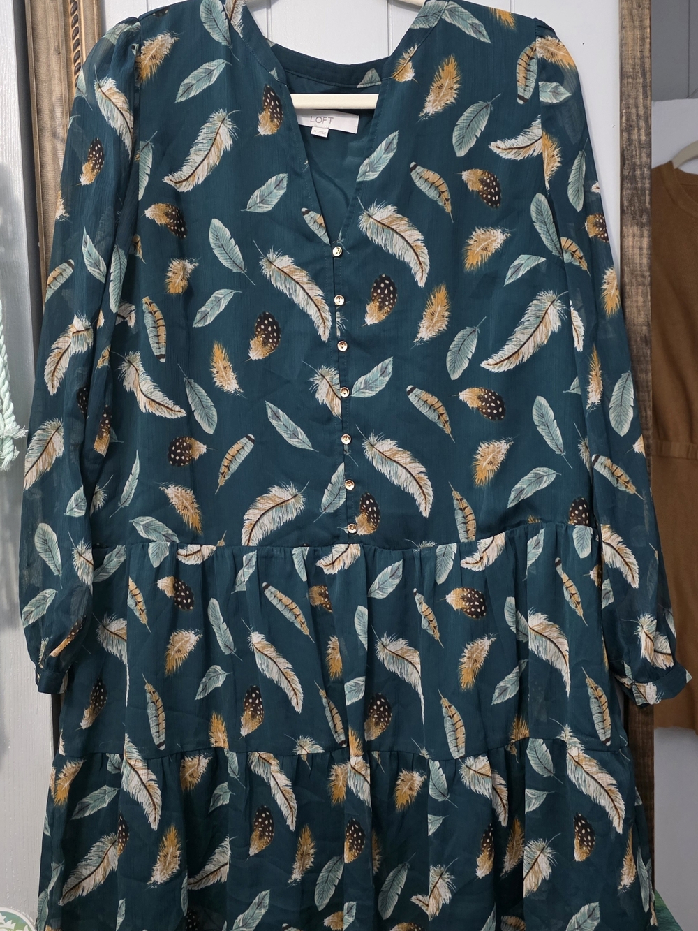 LOFT Teal Feather-Print Tiered Button Midi Dress